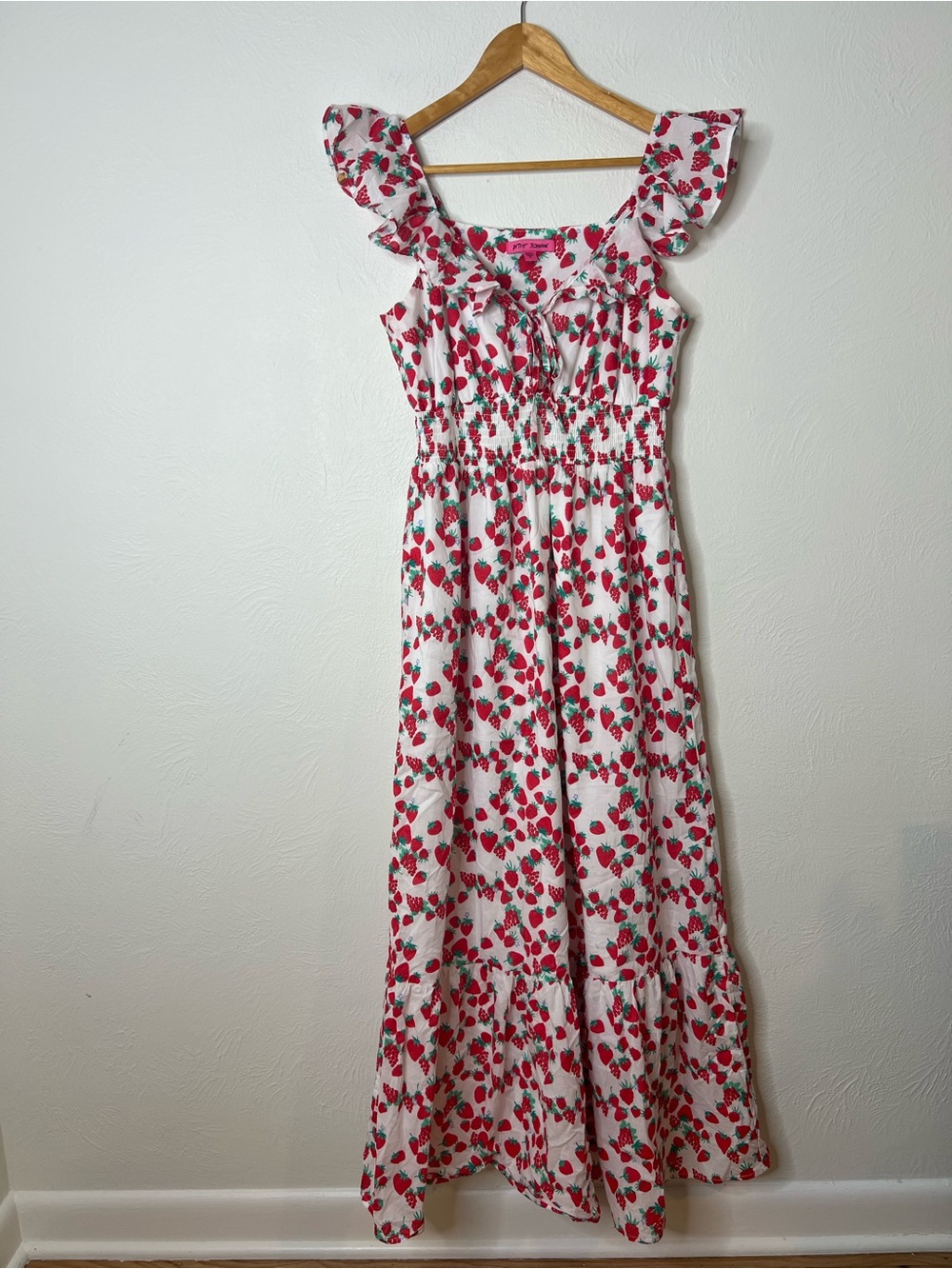 Betsey Johnson White Maxi Dress with Red Strawberry & Raspberry Motif size M